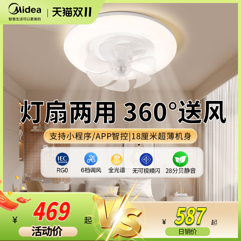 美的摇头风扇灯吊灯奶油风主灯现代简约灯具卧室餐厅灯法式客厅灯