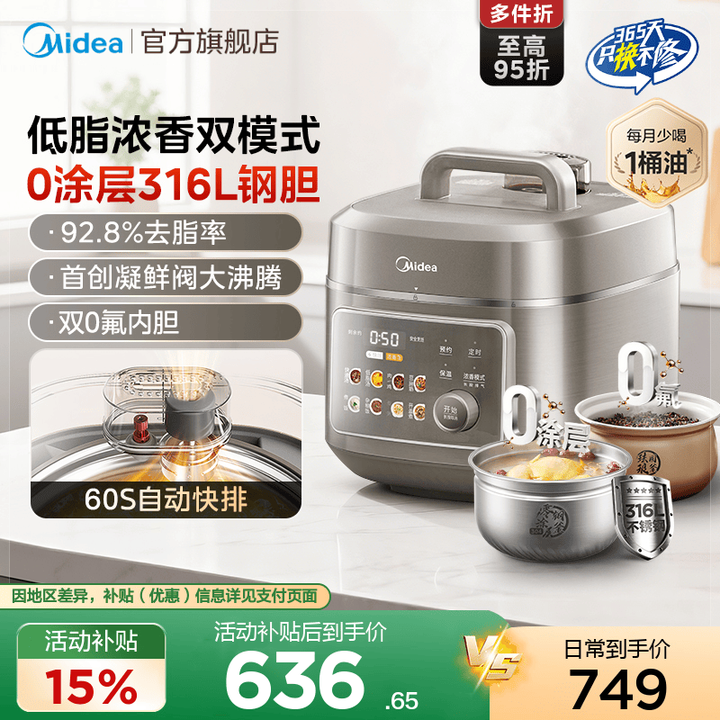 美的0涂层电压力锅家用大容量0氟双胆智能多功能高压锅6L高压饭煲