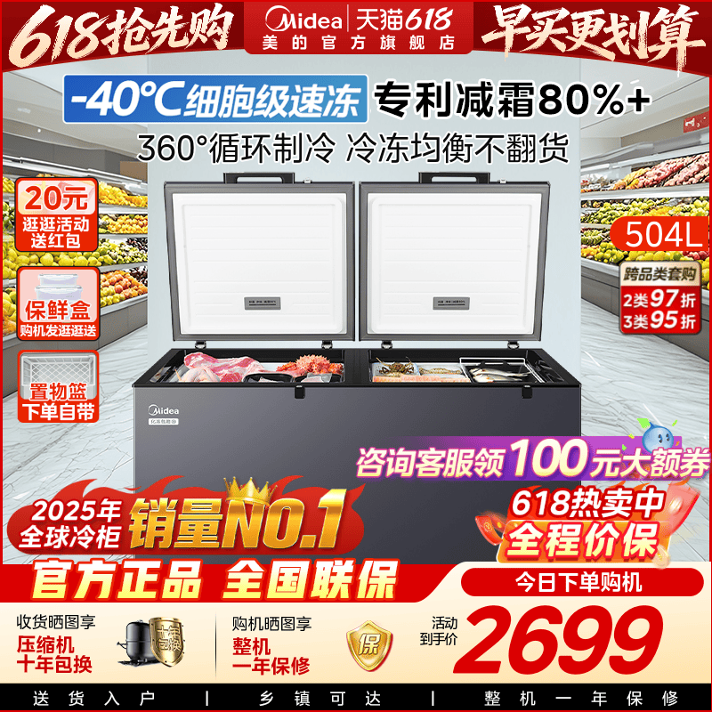 美的速冻王519大容量冰柜家用商用卧式大冷柜保鲜冷藏冷冻冰箱