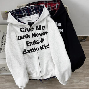 外套 高街假两件拼接格子连帽卫衣男女潮牌加绒情侣开衫 秋冬季 美式