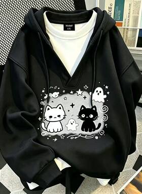秋冬日系可爱卡通猫咪印花假两件拼接连帽宽松卫衣女加绒外套上衣