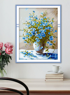 十字绣自己秀珍爱新款刺绣客厅挂画14ct小格2股蓝色花瓶竖版满绣