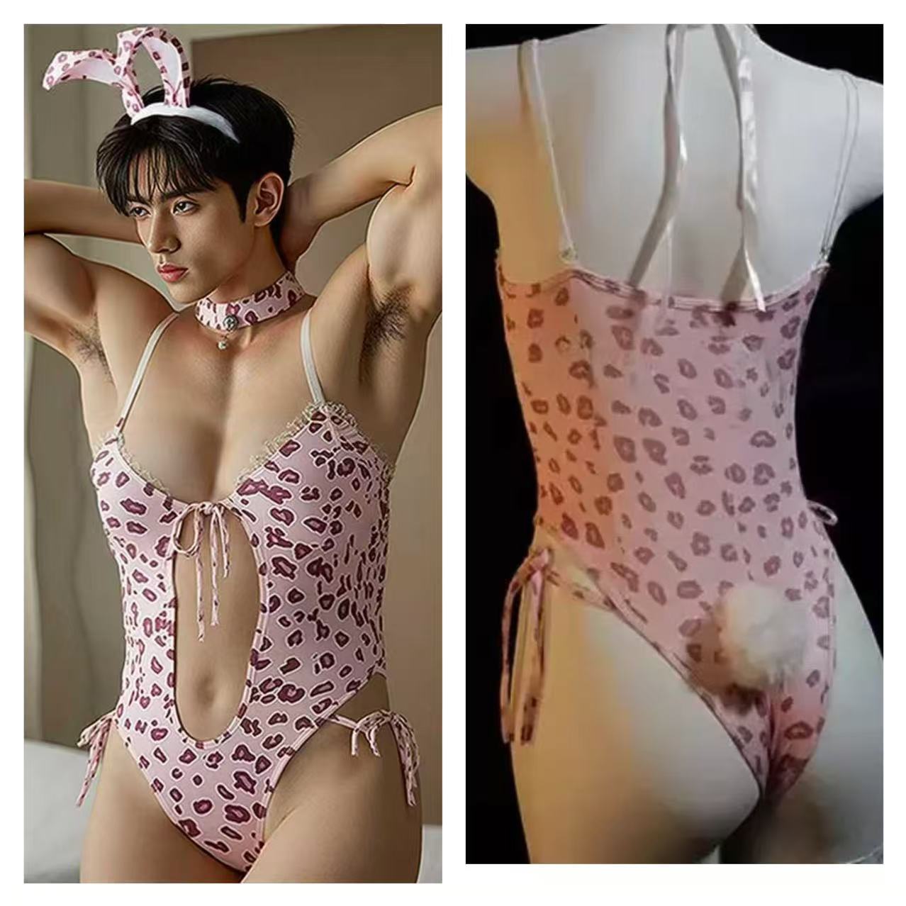 豹纹粉色男款连体衣舒适睡衣内衣