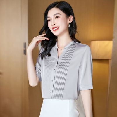 衬衫式高级感V领真丝衬衫女夏装