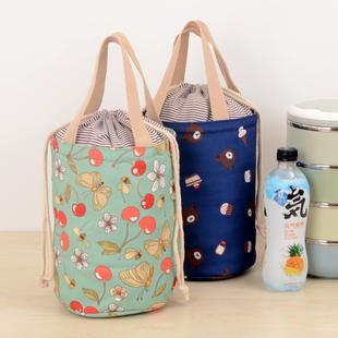 帆布防水保温饭盒袋子束口抽绳便当包包不锈钢手提饭桶袋日式卡通