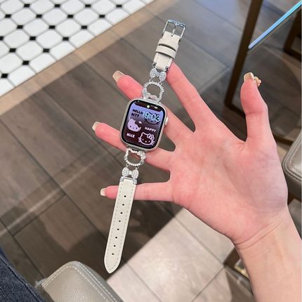 金属闪钻拼皮质猫咪表带iwatch10苹果手表S9表带夏天表带亮钻表带