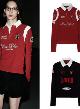 badblood早秋新款美式复古撞色polo衫女长袖刺绣字母休闲打底衫女