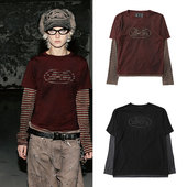 假两件T恤辣妹跳舞长袖 badblood美式 复古做旧水洗条纹袖 上衣