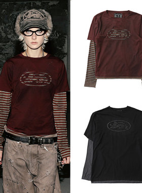 badblood美式复古做旧水洗条纹袖假两件T恤辣妹跳舞长袖上衣