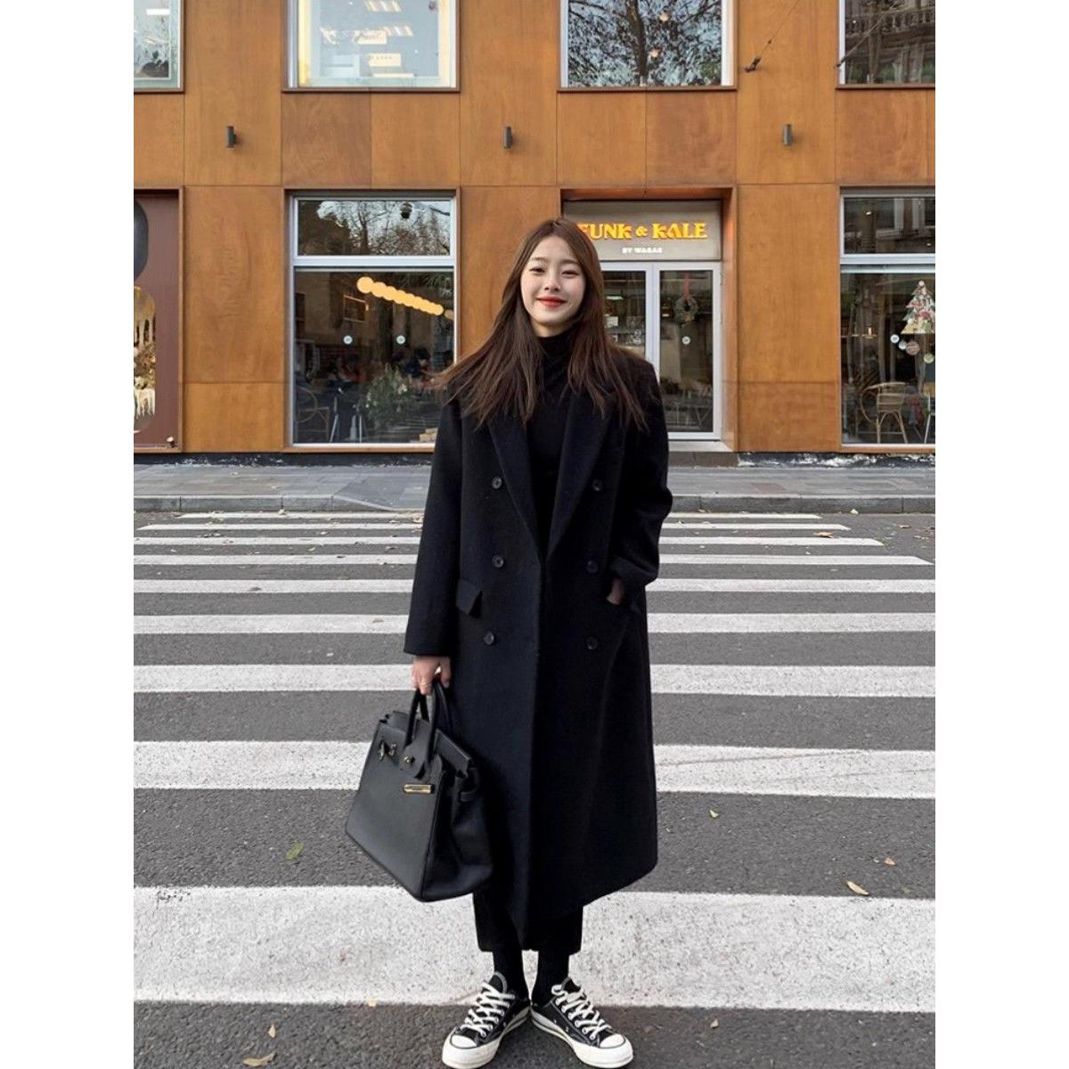 黑色毛呢外套女小个子韩系新款秋冬高级感中长款加厚西装呢子大衣