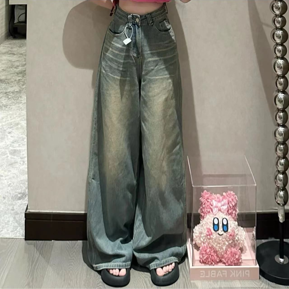 美式怀旧蓝水洗牛仔裤女高腰小个子阔腿裤复古长裤宽松拖地长裤子