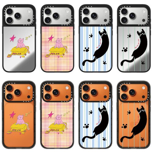 C家ASETi华强北蓝白竖条长黑猫适用iPhone苹果17promax手机壳14/16/13亚克力14pro可爱13pro创意15补妆镜子女