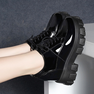 大东中小皮鞋女春秋新款英伦风女鞋黑色加绒厚底内增高单鞋乐福鞋