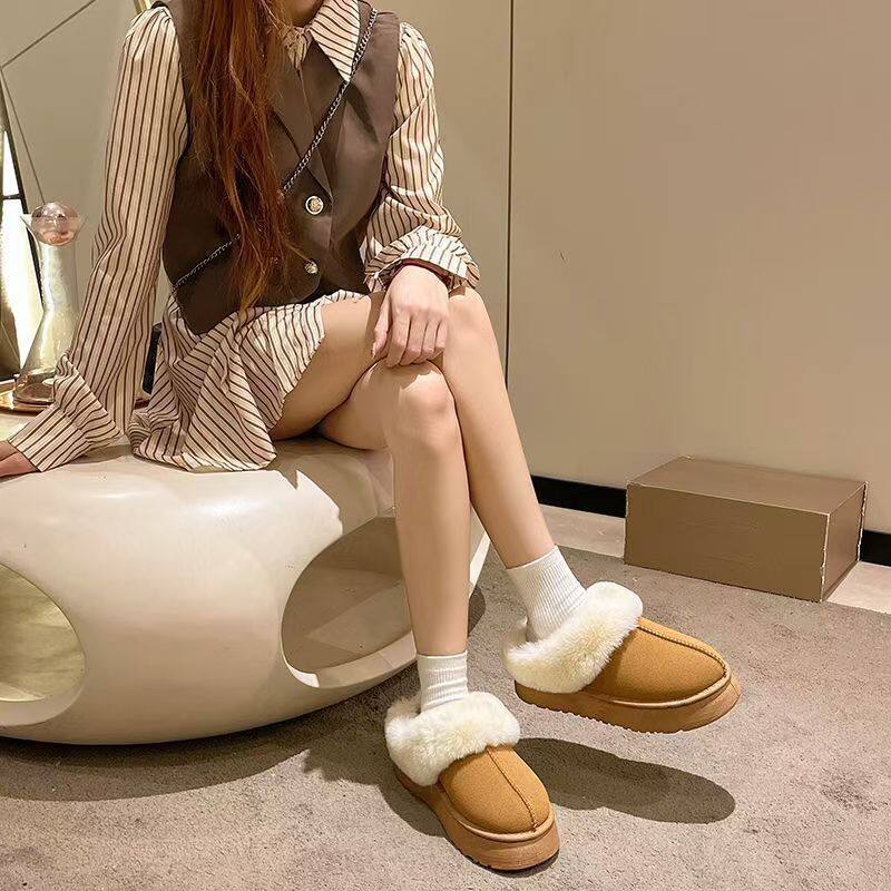 绒面厚底雪地靴女款2024新款冬季加绒加厚保暖毛毛勃肯鞋东北棉鞋