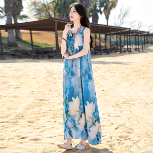 宽松大摆气质长裙 夏季 波西米亚风无袖 印花棉绸连衣裙中老年女装