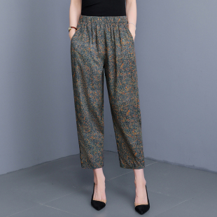 女士宽松直筒家居裤 女松紧高腰睡裤 印花休闲棉绸九分裤 中老年夏季