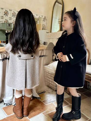 韩范小女童装高端外套春秋冬新款毛呢子双面羊毛绒中长款大衣外套