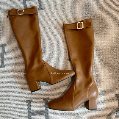 F PROJECT【增高显腿长】皮带扣6cm粗跟过膝高筒靴女长筒棕色靴子