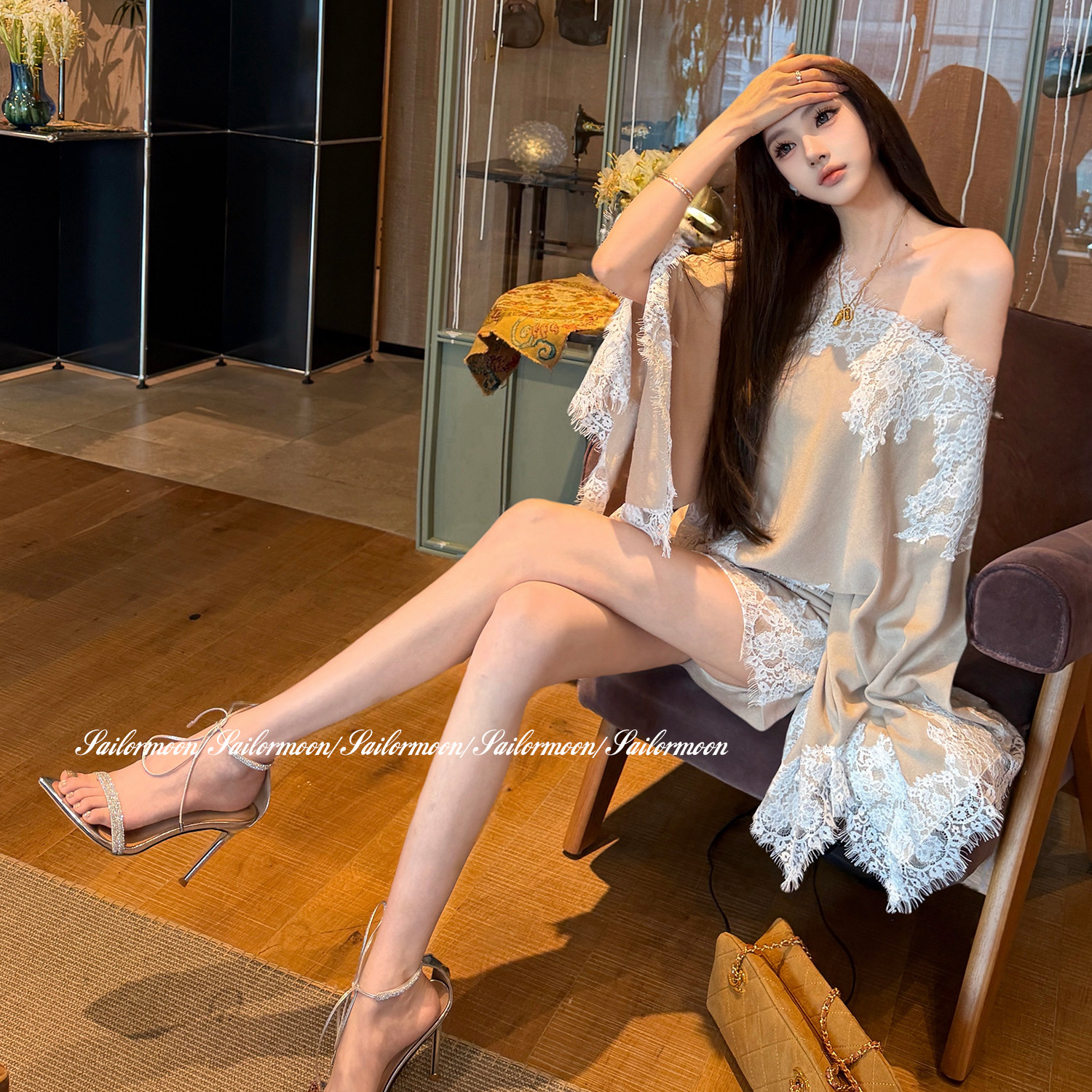 F PROJECT【桃粉织叙】早秋蕾丝套装女拼接针织上衣+半身裙两件套图片