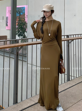 F PROJECT【海德传说】解密结构*一字领收腰褶皱长袖连衣裙气质女