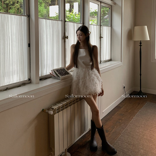 F PROJECT【天鹅湖】超仙！白色露背羽毛流苏吊带连衣裙蓬蓬裙