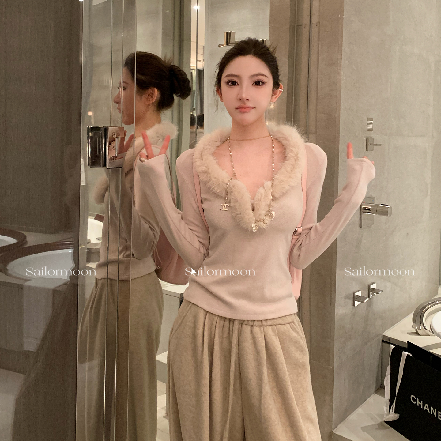 F PROJECT【奶fu甜布利】毛毛V领长袖上衣修身内搭打底衫辣妹T恤