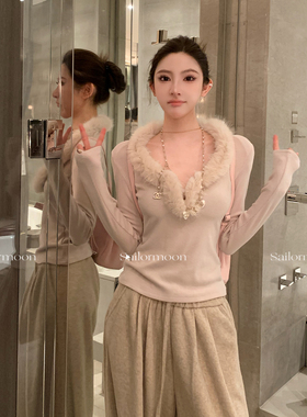 F PROJECT【奶fu甜布利】毛毛V领长袖上衣修身内搭打底衫辣妹T恤