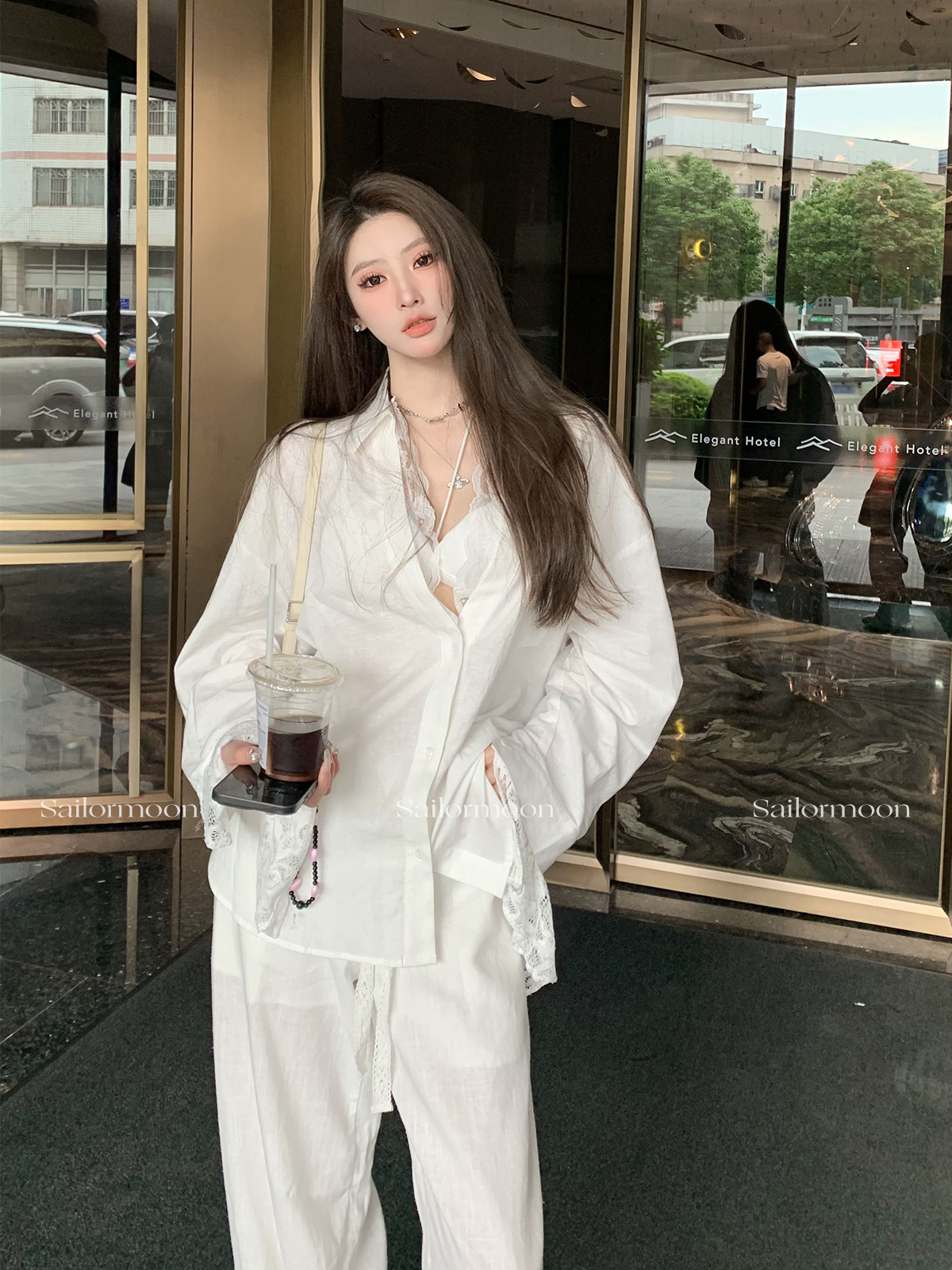 F PROJECT【慵懒白茶】亚麻套装蕾丝衬衫+两色系带休闲裤两件套