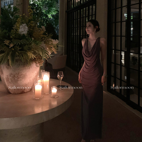 F PROJECT【维纳斯女神】珠光蕾丝荡领长飘带露背气质修身连衣裙