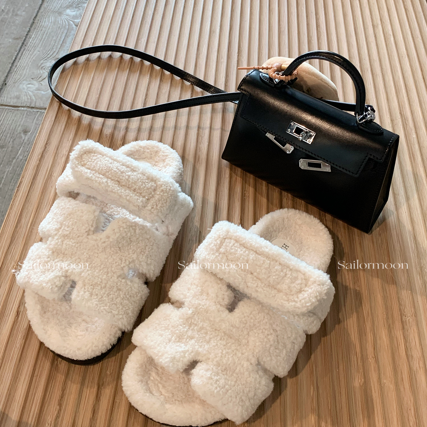 F PROJECT【小贵妇！】经典H羊羔毛魔术贴外穿保暖二舅毛毛拖鞋女