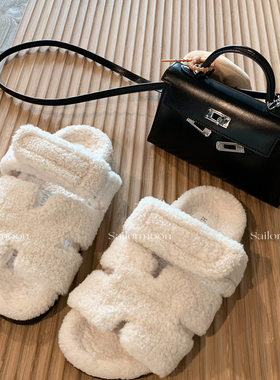 F PROJECT【小贵妇！】经典H羊羔毛魔术贴外穿保暖二舅毛毛拖鞋女