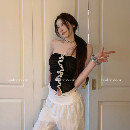 F PROJECT 怦然心动 撞色双层网纱花边褶皱背心抹胸上衣女夏百搭