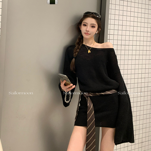 露肩连衣裙长袖 粗棒针织大喇叭袖 永夜契约 显瘦短裙 PROJECT