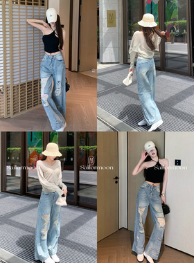 F PROJECT【率性破洞】破洞直筒牛仔裤女夏季通勤显瘦百搭长裤子