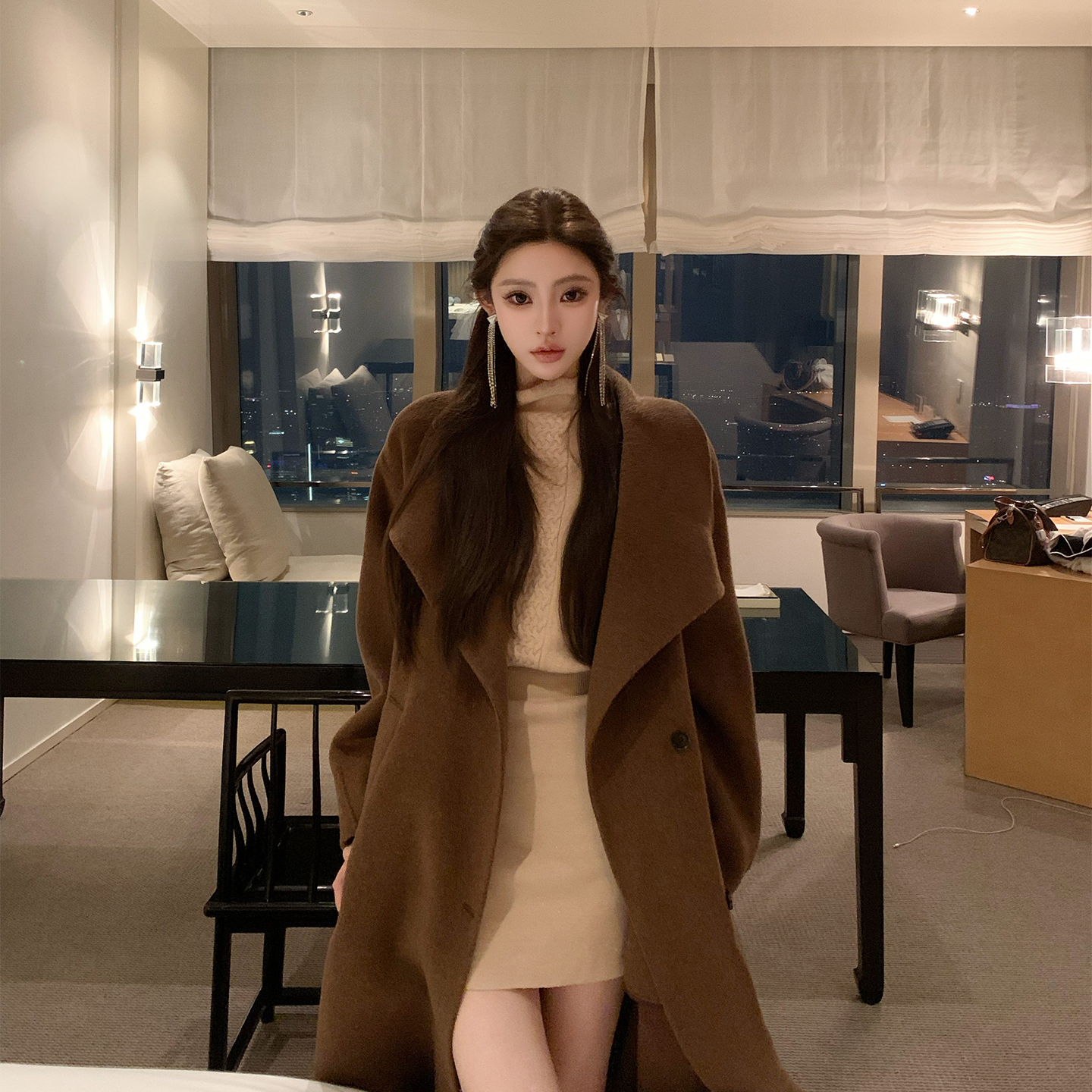 F PROJECT【金敏喜2.0】全羊毛绑带双面呢大衣女秋冬长款毛呢外套