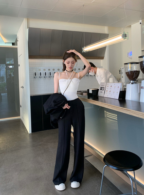 F PROJECT 黑色休闲西装裤女夏高腰显瘦直筒垂坠感阔腿裤拖地长裤