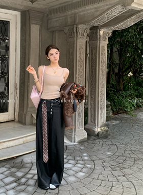 F PROJECT【明治黑巧】高腰排扣显瘦显高直筒超模皮裤女秋冬百搭