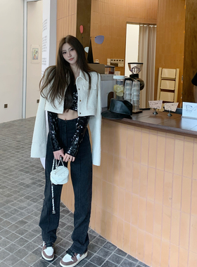 F PROJECT【店主力荐私服】黑色复古直筒牛仔裤女高腰显瘦长裤子