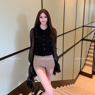 F PROJECT【黑曼巴】贵气粗花呢拼接微透雪纺喇叭袖小香风外套