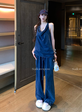 F PROJECT 自由街头 松弛荡领吊带背心/松紧休闲阔腿裤牛仔套装女