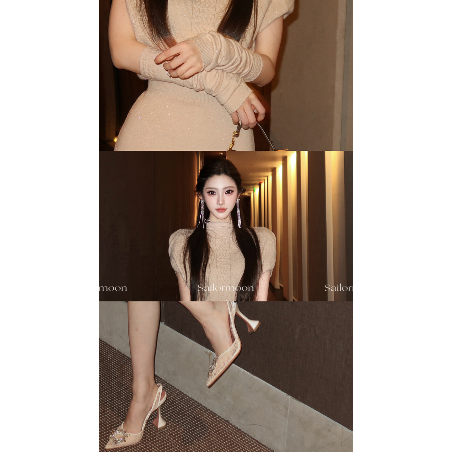 F PROJECT【清潭洞欧尼】韩女老钱银丝蝙蝠袖绞花高领包臀连衣裙