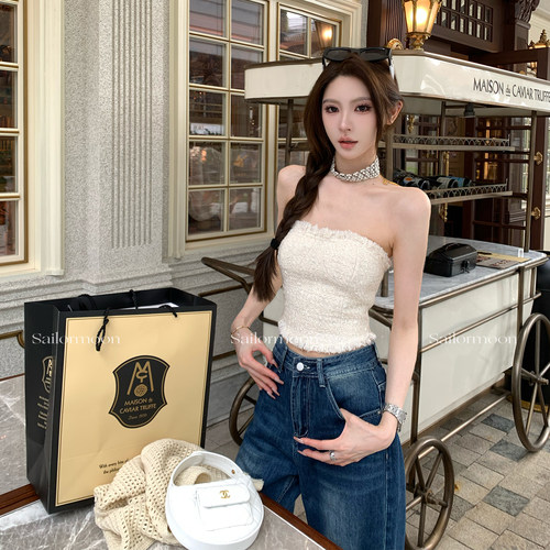 F PROJECT【秀场】高级感羊毛重工粗花呢肌理感露肩抹胸上衣显瘦
