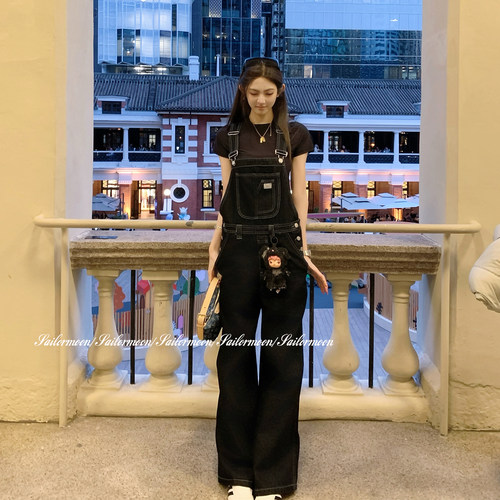 F PROJECT【把妹王】时髦率性车明线原牛仔工装背带裤女休闲百搭