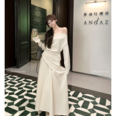 PROJECT 上衣 松间月 米白色套装 斜肩气质长袖 长款 打揽半身裙