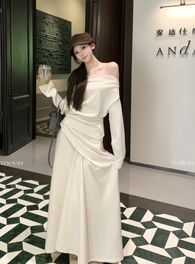 F PROJECT【松间月】米白色套装斜肩气质长袖上衣+长款打揽半身裙