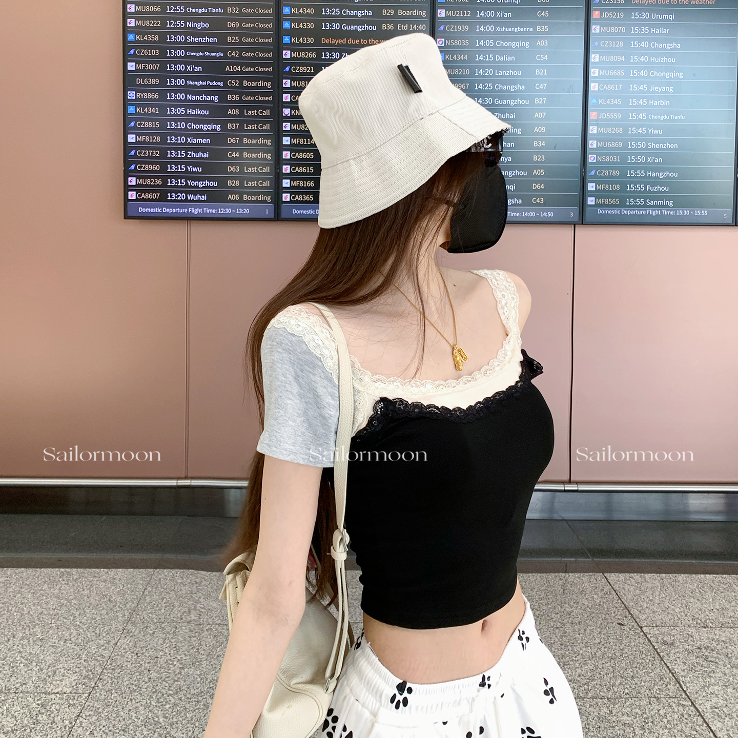 F PROJECT神仙小t 不对称双色袖蕾丝拼接假两件短袖上衣T恤女夏季