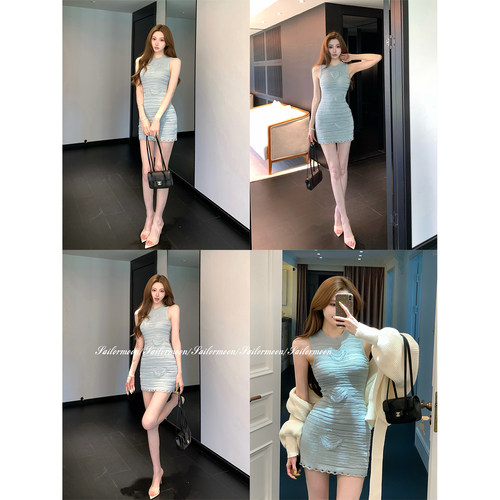 F PROJECT【缪斯之语】小巴2w+抽丝冰蓝绷带修身连衣裙气质显瘦
