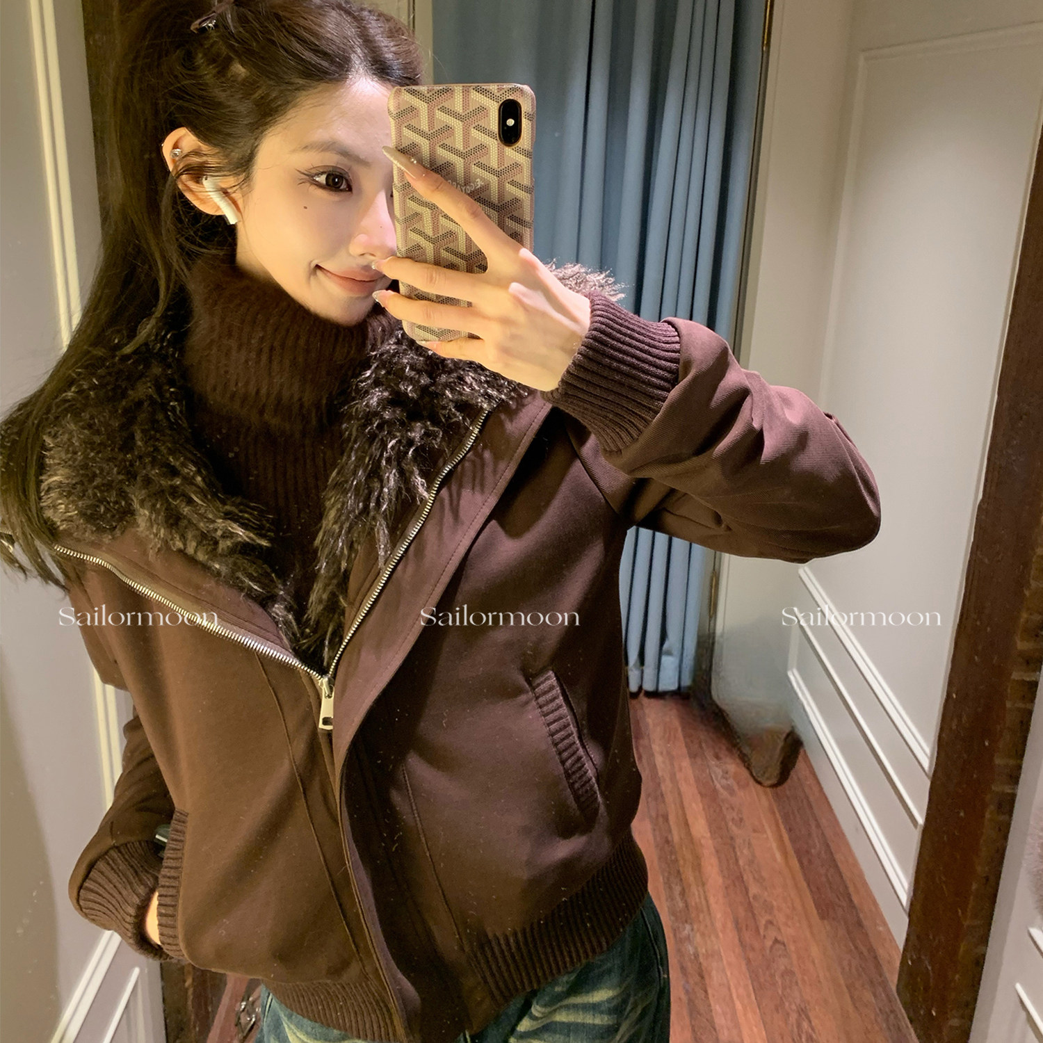 F PROJECT【热巧】设计感宽松斜拉翻领卫衣仿羊滩毛内胆冬季外套