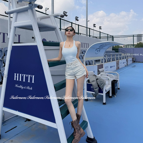 F PROJECT【吸氧日】高搭配显腿细海波纹洗水牛仔短裤女高腰显瘦