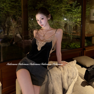 F PROJECT【魅力姐姐】蕾丝撞色拼接丝绒背心吊带女秋冬打底上衣